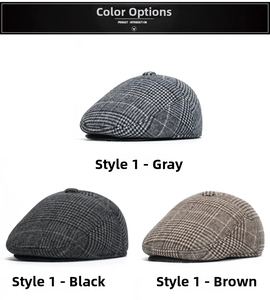 Three-color display of retro plaid warm flat caps in grey, dark grey, and brown patterns
