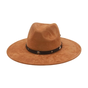 Classic brown suede fedora hat with black star-studded leather band on white background