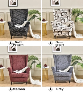 Detail shots of elastic wingback chair covers in four geometric and solid color patterns