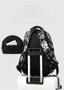 Detail of backpack luggage strap and hidden anti-theft zipper pocket for a tablet