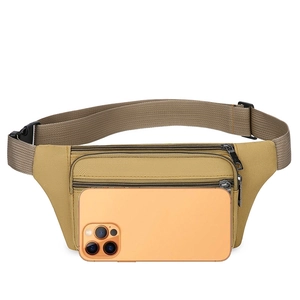 Durable khaki nylon men's waist bag with multi-layer zippers and adjustable buckle strap