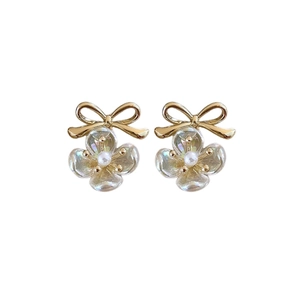 Elegant gold plated bow flower stud earrings with small pearls and crystals for women