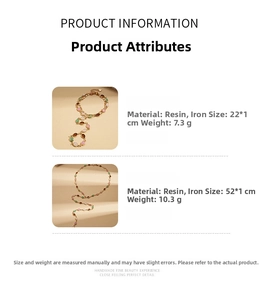 Detail showing resin and iron necklace specifications for 52x1cm and 22x1cm lengths