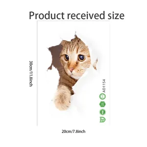 Size chart for 3D cartoon cat toilet sticker showing 30x20cm dimensions and PVC material
