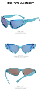 Detailed views of blue metallic Y2K futuristic sunglasses with wrap-around frames