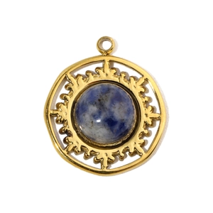 Detailed close-up of golden sunburst pendant with a round blue natural stone inlay