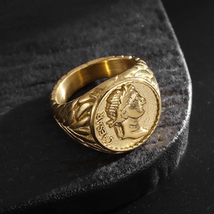Vintage gold Julius Caesar Roman coin ring with relief carving and textured band