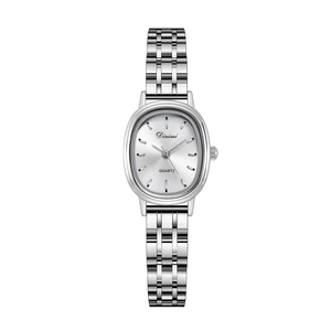 Elegant women's silver oval quartz watch with metal chain strap on white background