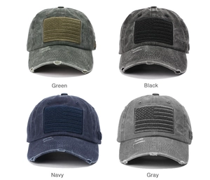 Distressed cotton baseball caps with USA flag embroidery in green, black, navy, and gray
