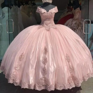Pink off-shoulder ball gown with floral lace embroidery and voluminous tulle skirt