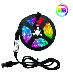 5V USB RGB LED strip light kit with 24-key remote and controller on white background