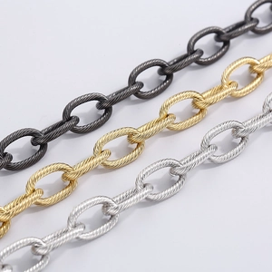 Detailed view of twisted oval links in black, gold, and silver titanium steel chains