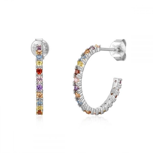 Close-up of S925 sterling silver C-shaped hoop earrings with rainbow zircon stones