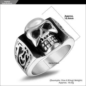 Detailed specs of retro skull ring showing 16.4mm face width and 5.0mm band width