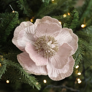 Pink artificial magnolia flower with gold glitter for Christmas tree and wreath decoration