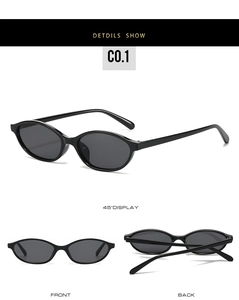 Three-angle view of black oval sunglasses featuring front and back detail displays