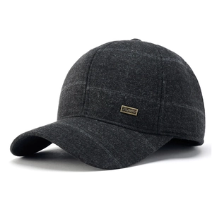 Men's winter baseball cap in dark grey wool blend felt with warm ear protection earflaps
