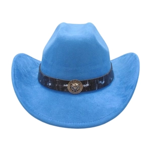 Close-up of sky blue suede cowboy hat featuring a gold lion head emblem on dark band