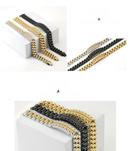 Macro view of solid stainless steel watch bracelets in silver, gold, and black finish