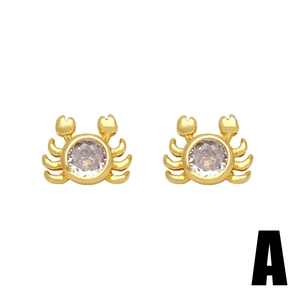 Cute gold crab stud earrings featuring round white cubic zirconia on a white background