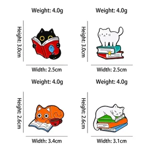 Size chart for cute cartoon cat enamel pins featuring four different reading cat styles