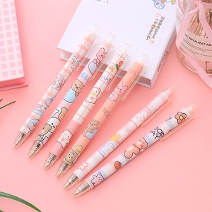 Set of 6 cute retractable black gel pens with pastel cartoon designs for students