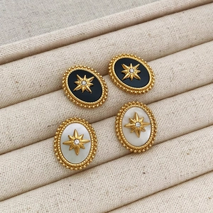 Vintage Ovale Edelstahl Ohrstecker Mit Perlmutt Emaille Rhinestone Achtzackiger Sternendesign Retro Für Frauen