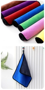 Detail showing colorful microfiber car towels with dual-layer design and hanging loops