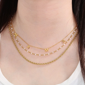 Three-layer gold titanium steel necklace with MAMA pendant and chunky twist chain