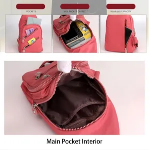 Pink multi-pocket nylon crossbody chest bag for women with functional storage compartments