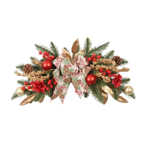 Christmas door lintel wreath with pine cones, red berries and a festive bow on white background