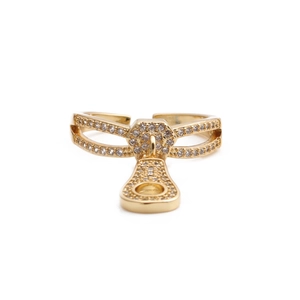 Creative gold zipper-shaped open ring with cubic zirconia on white background