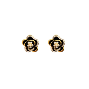 Exquisite flower stud earrings with black enamel, white pearls, and gold-plated details