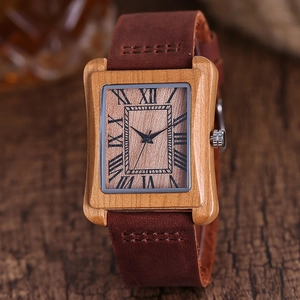 Men Quartz Watch Wood Case Rectangular Roman Numerals Dial Faux Leather Strap Casual Natural Wristwatch