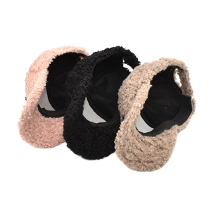 Three lamb wool baseball caps in pink, black, and beige with ponytail opening design