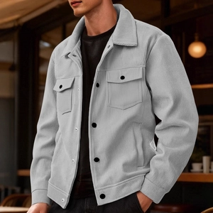 Men's light grey corduroy jacket with classic lapel collar and flap chest pockets