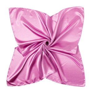 Close-up of pink satin square scarf showing soft silk luster and neat hemmed edges