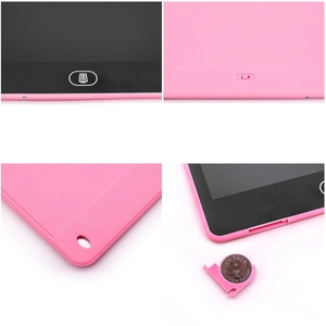 Pink LCD writing tablet showing 3V battery power, power switch, and stylus hole details