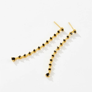 Elegant long tassel earrings in gold with black zircons, stylish linear drop design