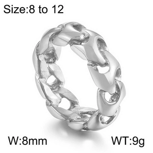 Detail shot of 8mm wide silver stainless steel curb chain ring with size and weight info