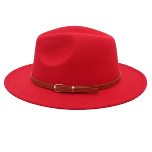 Classic red wool felt fedora hat for kids and adults with brown faux leather belt buckle strap