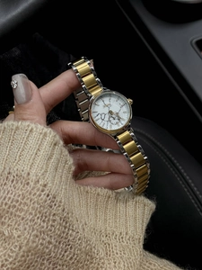 Close-up of elegant gold and silver stainless steel watch with white small second dial