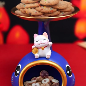 Deep blue ceramic koi lucky cat tray showing double-layer storage for keys and snacks