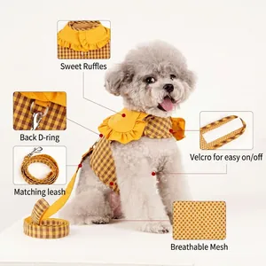 Gingham Pet Harness And Leash Checkered Plaid Ruffled Collar Breathable Mesh Vest For Small Dogs Cats Puppy Kitten
