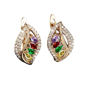 Elegant leaf earrings in champagne gold with marquise-cut colorful zircon gemstones