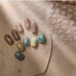 Détail macro d'autocollants 3D pour ongles papillon avec des textures florales fines