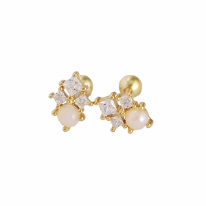 Elegant gold S925 sterling silver square zircon and pearl screw back stud earrings