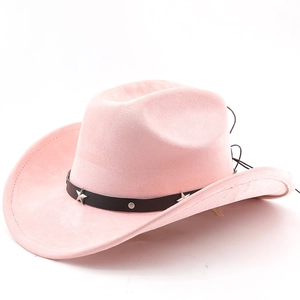 Detail of pink felt cowboy hat featuring black leather band with silver star studs