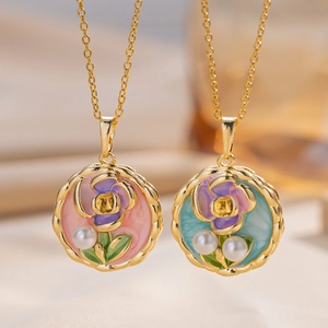 French baroque style gold necklaces with enamel rose pendants and freshwater pearls
