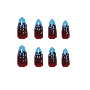 Almond-shaped press-on nails with dark brown to blue gradient and black flame design